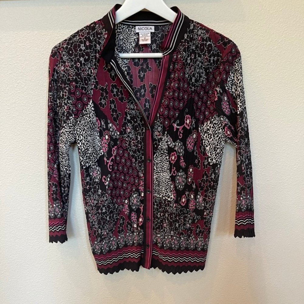 NICOLA Women's Print Blouse Button Front Business Casual Summer Travel Small